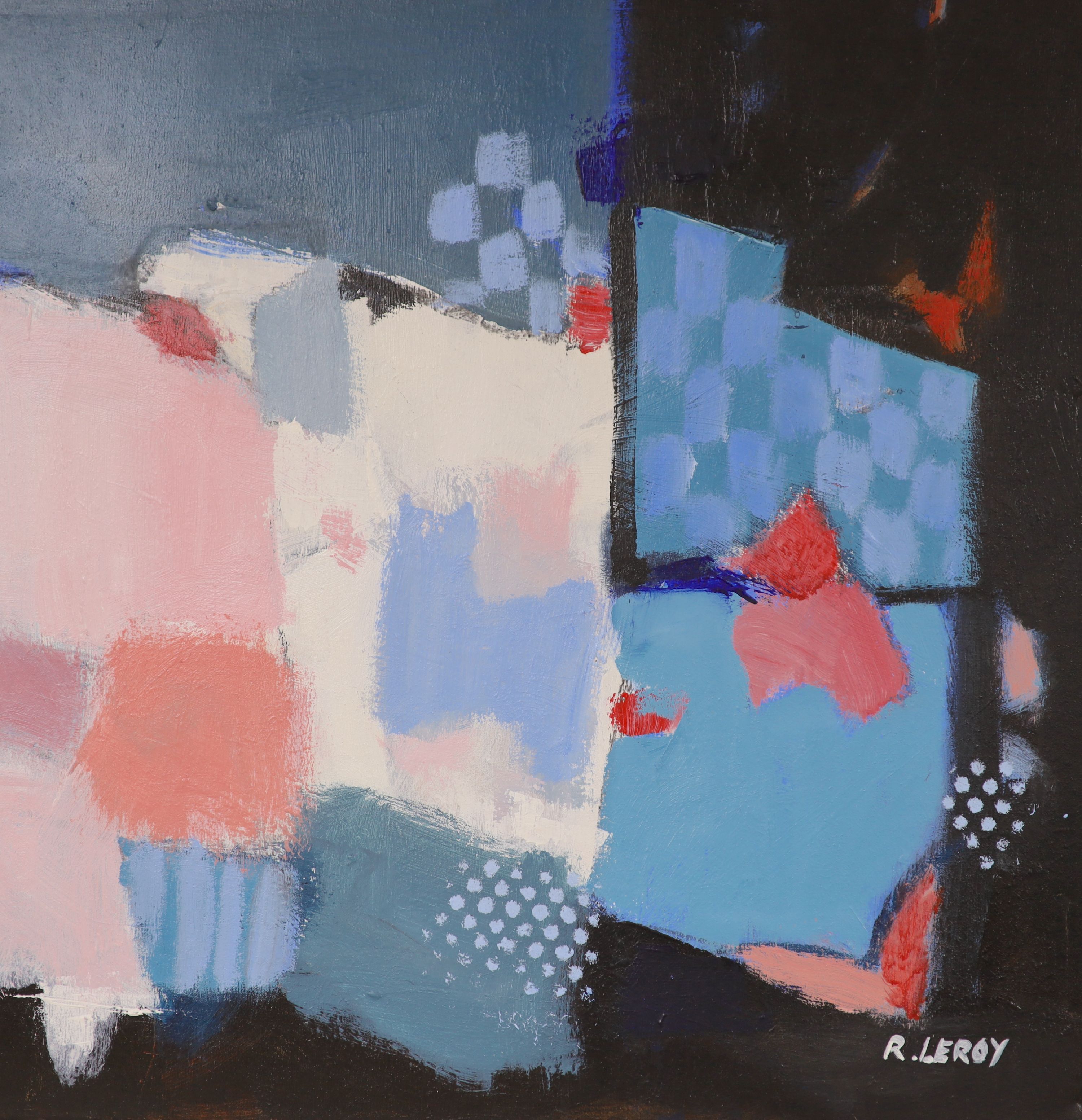 R.Leroy, abstract composition, oil on canvas, 20th century, framed, 52 x 52 cm, together with another (2).